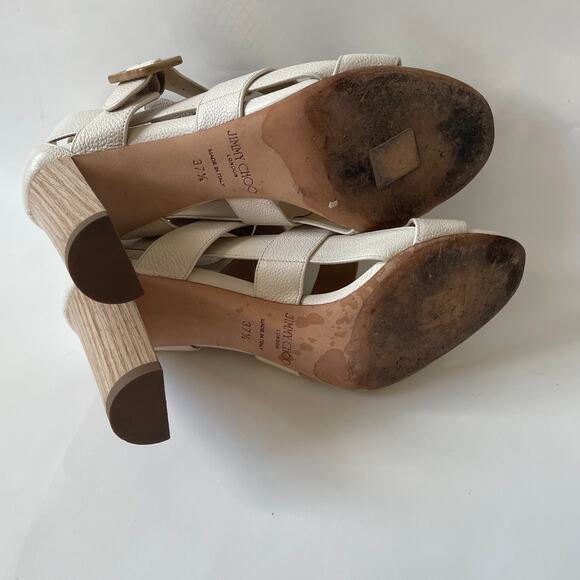 Jimmy Choo Maya 85 Cage Sandal Wood Heel Pebbled Leather Cream 37.5 - Picture 10 of 14
